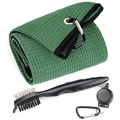 Mile High Life Microfiber Waffle Pattern Tri-fold Golf Towel | Brush Tool Kit with Club Groove Cleaner, Retractable Extension Cord and Clip (Green Towel+Black Brush)