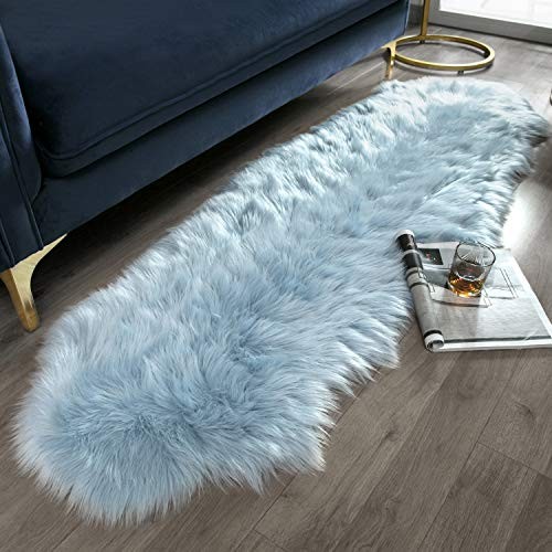 Ashler Soft Faux Sheepskin Fur Chair Couch Cover Light Blue Area Rug for Bedroom Floor Sofa Living Room 2 x 6 Feet