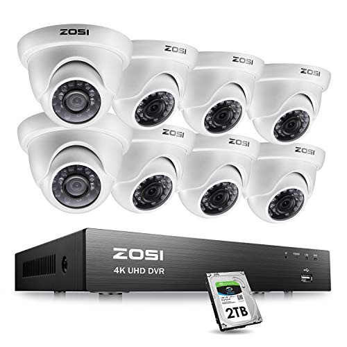 ZOSI 4K Ultra HD Security Cameras System, 8 Channel H.265+ 4K (3840x2160) Video DVR, 8 x 4K (8MP) Ip67 Surveillance Dome CCTV Camera, 100ft Night Vision, with 2TB Hard Drive