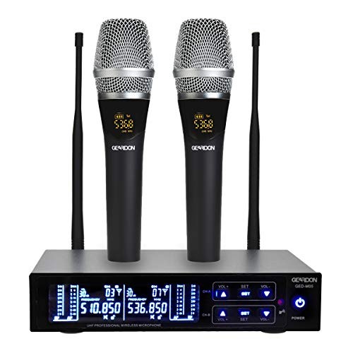 GEARDON Rechargeable Dual Wireless Microphone System, 200 Channel UHF  Cordless Mic Set  Long Distance 250Ft Mute Function for Church,Karaoke,Party,DJ