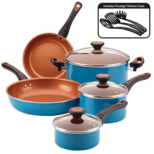 Farberware Glide Copper Ceramic Nonstick Cookware Set, Teal, 11-Piece