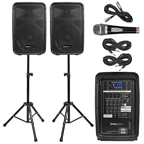 Knox Dual Speaker and Mixer Kit - Portable 8" 300 Watt DJ PA System with Wired Microphone, and Tripods - 8 Channel Amplifier - Bluetooth, USB, SD, 1/4" Line RCA, XLR Inputs