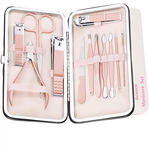 Nail Clippers Set Manicure Pedicure Kit - Manicure Set Women Professional Stainless Steel Pedicure Nail Clipper Tools + Aceoce Travel Luxury 12 In 1 With Grooming Travel Leather (Rose Glod)