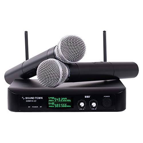 Sound Town SWM10-U2HH Professional Dual-Channel UHF Wireless Microphone System with 2 Handheld Mics, for Church, Business Meeting, Outdoor Wedding and Karaoke