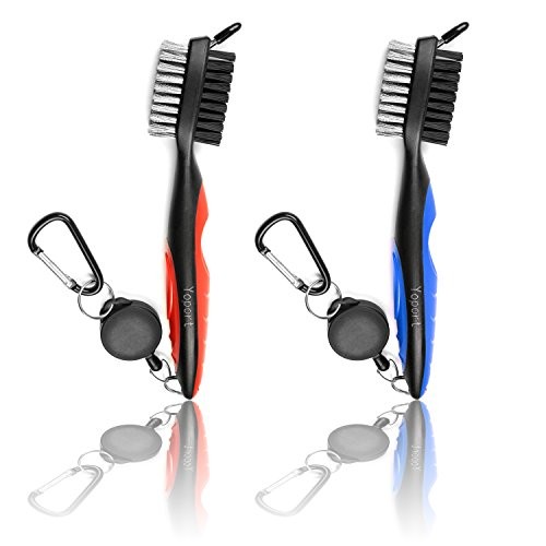 Yoport Golf Club Brush and Club Groove Cleaner 2 Ft Retractable Zip-line Aluminum Carabiner, Lightweight and Stylish, Ergonomic Design, Easily Attaches to Golf Bag ((Red+Black)+(Blue+Black))