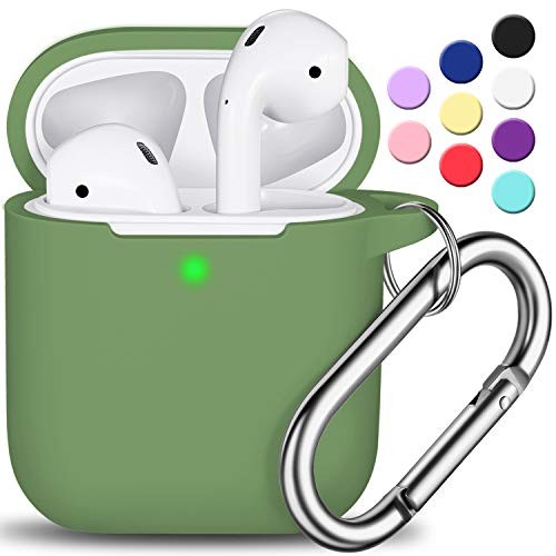 AirPods Case Cover with Keychain, Full Protective Silicone AirPods Accessories Skin Cover for Women Girl with Apple AirPods Wireless Charging Case,Front LED Visible-Olive Green