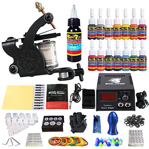 Solong Tattoo Complete Starter Tattoo Kit 1 Pro Machine Guns 14 Inks Power Supply Foot Pedal Needles Grips Tips TK102