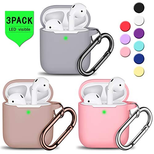 AirPods Case Cover with Keychain, R-fun Full Protective Silicone AirPods Accessories Skin Cover for Women Girl with Apple AirPods Wireless Charging Case,Front LED Visible-Pebble/Milktea/Pink