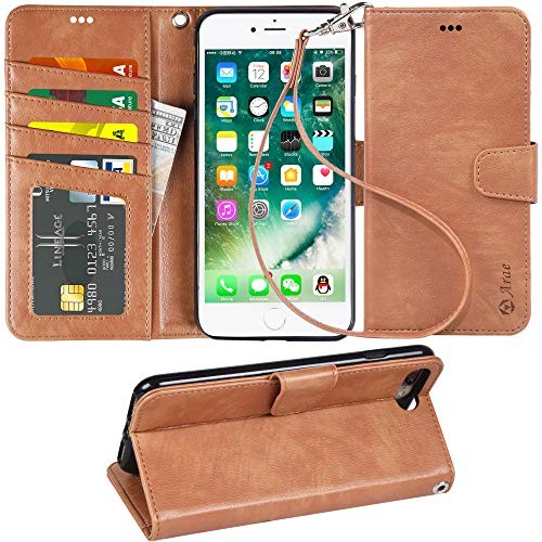 Arae Case for iPhone 7 Plus/iPhone 8 Plus, Premium PU Leather Wallet Case with Kickstand and Flip Cover for iPhone 7 Plus (2016) / iPhone 8 Plus (2017) 5.5" (not for iPhone 7/8) (Flax Brown)