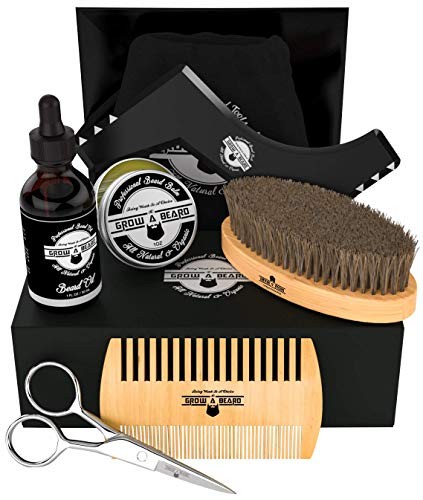 Beard Kit 6-in-1 Grooming Tool | Best Mustache & Beard Care Set For Men | Natural Balm, Unscented Oil, Boar Bristle Brush, Wood Comb, Trimming Scissors, Shaper Template. (Black) (Black)