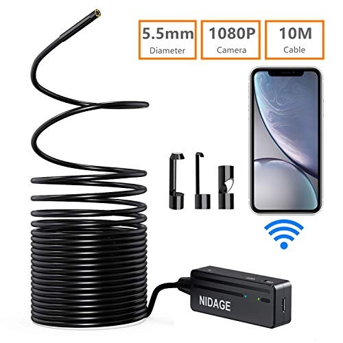 Wireless Endoscope Camera, NIDAGE WiFi 5.5mm 1080P HD Borescope Inspection Camera for iPhone Android, 2MP Semi-Rigid Snake Camera for Inspecting Motor Engine Sewer Pipe Vehicle (33FT)