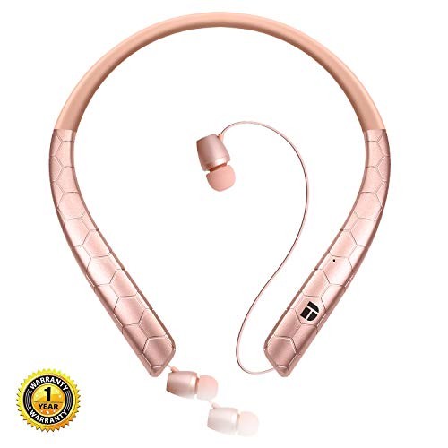 Bluetooth Headphones,DolTech Wireless Neckband Headset with Retractable Earbuds, HD Stereo Noise Cancelling Earphones with Mic (Call Vibrate Alert,18 Hrs Playtime)(Rose Gold)