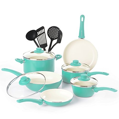 GreenLife CW000531-002 Soft Grip Absolutely Toxin-Free Healthy Ceramic Nonstick Dishwasher/Oven Safe Stay Cool Handle Cookware Set, 14-Piece, Turquoise