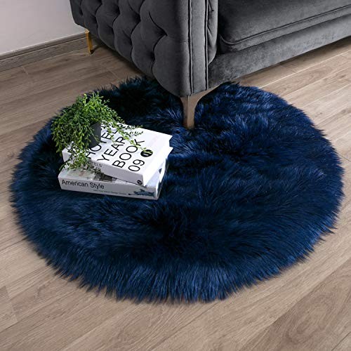 Ashler Faux Fur Navy Blue Round Area Rug Indoor Ultra Soft Fluffy Bedroom Floor Sofa Living Room 3 x 3 Feet