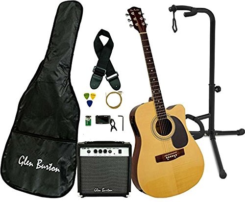 Glen Burton GA204BCO-NT Acoustic Electric Cutaway Guitar, Natural and On Stage XCG4 Black Tripod Guitar Stand, Single Stand