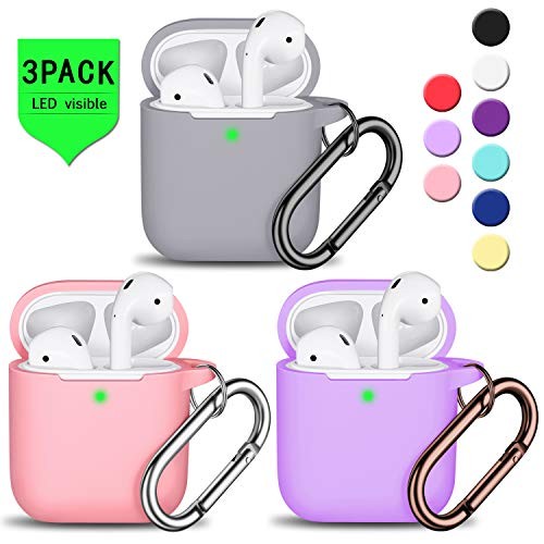 AirPods Case Cover with Keychain, R-fun Full Protective Silicone AirPods Accessories Skin Cover for Women Girl with Apple AirPods Wireless Charging Case,Front LED Visible-Lavender/Pebble/Pink