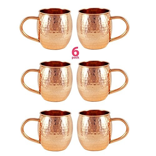 6 PACK Alchemade Copper Barrel Mug for Moscow Mules - 16 oz - 100% Pure Hammered Copper - Heavy Gauge - No lining