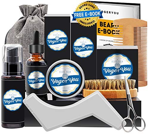 Upgraded Beard Grooming Care Kit w/Beard Shampoo Wash,Beard Growth Oil Conditioner,Beard Balm,Beard Shaper,Beard Brush,Beard Comb,Beard Scissors Gag Stocking Stuffers Christmas Gifts Set for Men Dad