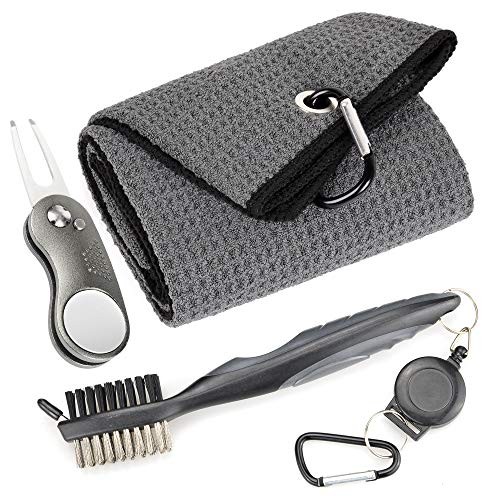 Mile High Life Microfiber Waffle Pattern Golf Towel | Club Groove Cleaner Brush | Foldable Divot Tool with Magnetic Ball Marker (Dark Gray Towel/Brush/Curve Divot)