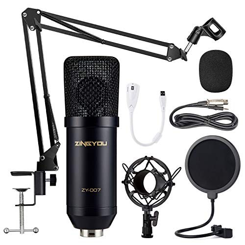 ZINGYOU Condenser Microphone Bundle, ZY-007 Professional Cardioid Studio Condenser Mic Include Adjustable Suspension Scissor Arm Stand, Shock Mount and Pop Filter, Studio Recording & Broadcasting