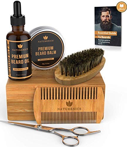 Naturenics Premium Beard Grooming Kit for Men - 100% Organic Unscented Beard Oil,Beard Balm Butter Wax, Beard Brush, Beard Comb, Beard Scissors for Beard & Mustache-with Bamboo Gift Set & eBook