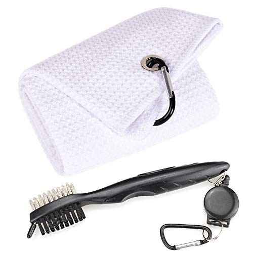 Mile High Life Microfiber Waffle Pattern Tri-fold Golf Towel | Brush Tool Kit with Club Groove Cleaner, Retractable Extension Cord and Clip (White Towel+Black Brush)