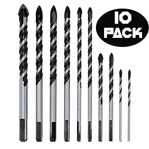 10 Piece Masonry Drill Bits Set (TILE, BRICK, CEMENT, CONCRETE, GLASS, PLASTIC, CINDERBLOCK, WOOD) Chrome Plated with Industrial Strength Carbide Tips - BONUS STORAGE CASE INCLUDED