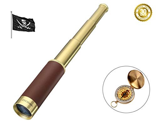 Laupha Retro Pirate Telescope Zoomable 25x30 Spyglass Portable Collapsible Handheld Telescope Vintage Monocular for Kids & Survival Gear Compass Pocket Military Compass for Camping Boating