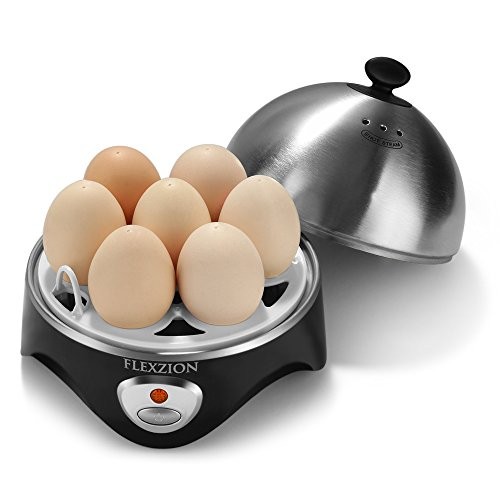 Flexzion Electric Egg Cooker & Poacher Maker Steamer with Auto Shut Off, No Buzzer - 7 Egg Capacity for Hard Soft Boiled Poached Eggs Incl. Stainless Steel Lid, Boiling Tray, Omelet Pan Steam Bowl