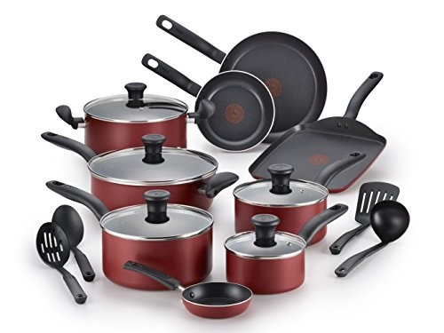 T-fal B209SI Initiatives Nonstick Inside and Out Dishwasher Safe Oven Safe Cookware Set, 18-Piece, Red