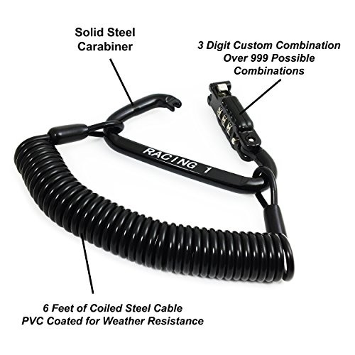 Precision Works Racing 1  6-Feet Steel Cable and Combination Carabiner Motorcycle Helmet Lock Set, Black