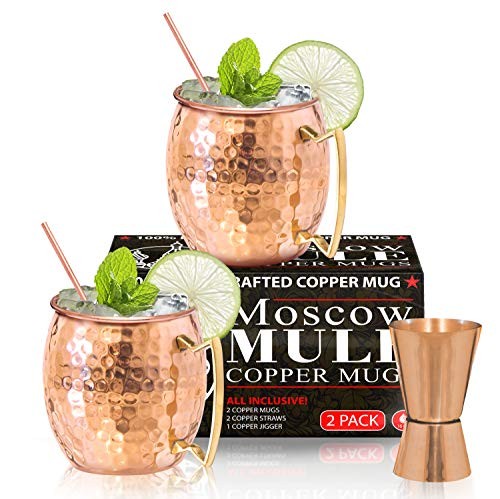 Benicci Moscow Mule Copper Mugs - Set of 2, 16 Ounce - Hammered and Handcrafted - with 2 Copper Straws and 1 Jigger