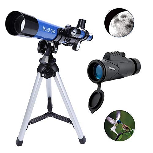 MaxUSee Kids Telescope 400x40mm with Finder Scope for Kids & Beginners + Portable 10X42 HD Monocular with BAK4 Prism FMC Lens for Moon Viewing Bird Watching Wildlife Scenery