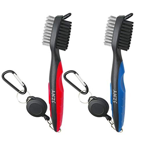 JZHY 2 Pack Golf Club Brush Lightweight 2Ft Retractable Golf Brush and Club Groove Cleaner with Zip-line Aluminum Carabiner(Red&Blue)