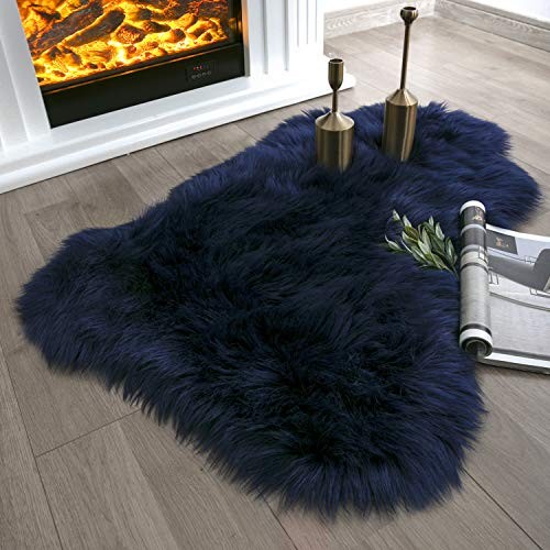 Ashler Soft Faux Sheepskin Fur Chair Couch Cover Navy Blue Area Rug for Bedroom Floor Sofa Living Room 2 x 3 Feet