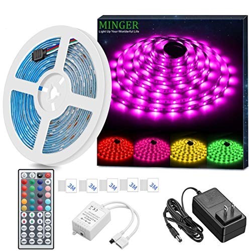 MINGER LED Strip Light Waterproof 16.4ft RGB SMD 5050 LED Rope Lighting Color Changing Full Kit with 44-keys IR Remote Controller, Power Supply Led Strip Lights for Home Kitchen Bed Room Decoration