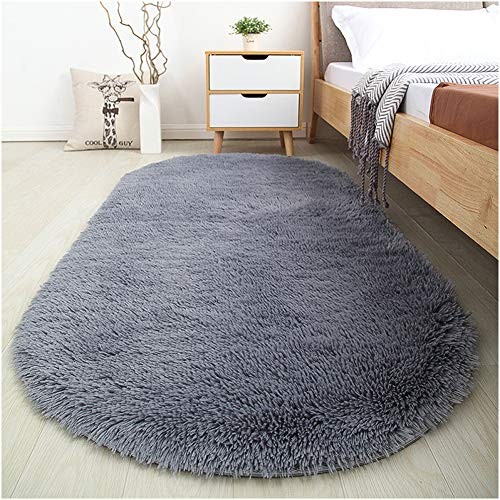 Softlife Fluffy Area Rugs for Bedroom 2.6' x 5.3' Oval Shaggy Floor Carpet Cute Rug for Kids Room Living Room Home Decor, Grey