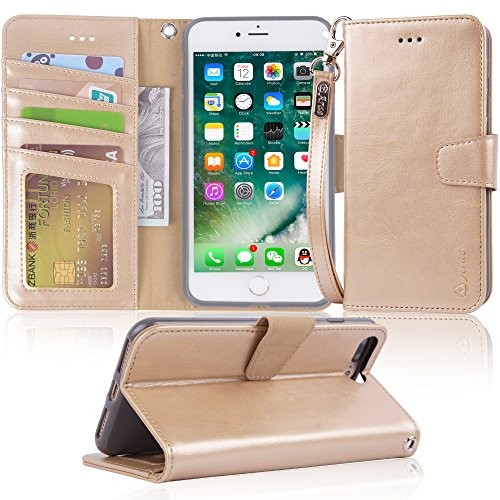 Arae Case for iPhone 7 Plus/iPhone 8 Plus, Premium PU Leather Wallet Case with Kickstand and Flip Cover for iPhone 7 Plus (2016) / iPhone 8 Plus (2017) 5.5" (not for iPhone 7/8) - Champagne Gold