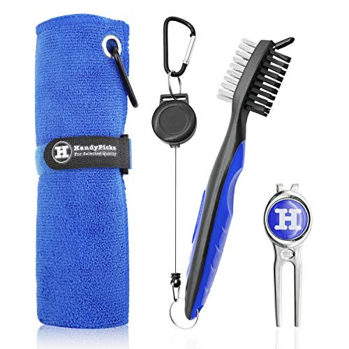 Handy Picks Microfiber Golf Towel (16" X 16") with Carabiner, Club Brush, Golf Divot Repair Tool with Ball Marker - Golf Accessories, Ideal for Golfers - 3 in 1 Golf Cleaning Kit (Pack of 3, Blue)