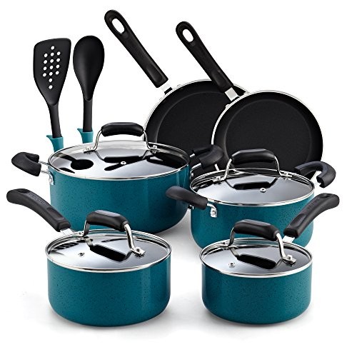 Cook N Home 02588 12-Piece Stay Cool Handle, Turquoise Nonstick Cookware Set