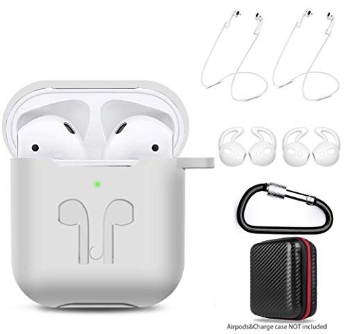 amasing AirPods Case 7 in 1 for Airpods 1&2 Accessories Kits Protective Silicone Cover for Airpod Gen1 2 (Front Led Visible) Included 2 Ear Hook /2 Staps/1 Clips Tips Grips/1 Zipper Box White