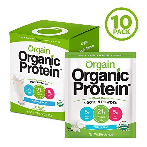 Orgain Organic Plant Based Protein Powder Travel Pack, Vanilla Bean - Vegan, Low Net Carbs, Non Dairy, Gluten Free, Lactose Free, No Sugar Added, Soy Free, Kosher, Non-GMO, 1.62 Ounce, 10 Count