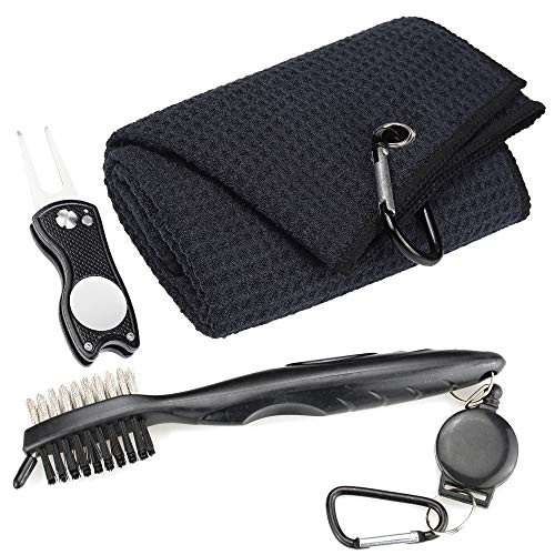 Mile High Life Microfiber Waffle Pattern Golf Towel | Club Groove Cleaner Brush | Foldable Divot Tool with Magnetic Ball Marker (Black Towel/Brush/Fish Divot)