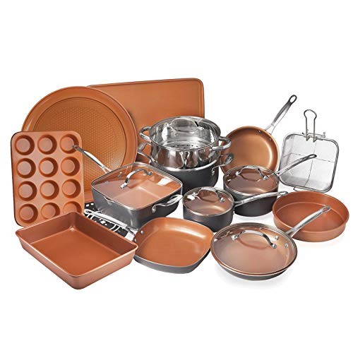 Gotham Steel 20 Piece All in One Kitchen Cookware + Bakeware Set with Nonstick Durable Ceramic Copper Coating - Includes Skillets, Stock Pots, Deep Square Fry Basket, Cookie Sheet and Baking Pans