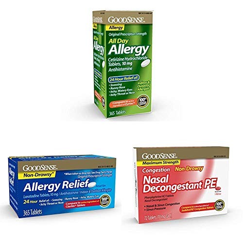 GoodSense All Day Allergy, Cetirizine HCl Tablets 10 mg with Allergy Relief Loratadine Tablets, 10 mg and Nasal Decongestant Phenylephrine HCl 10 mg tablets