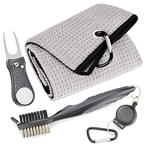 Mile High Life Microfiber Waffle Pattern Golf Towel | Club Groove Cleaner Brush | Foldable Divot Tool with Magnetic Ball Marker (Gray Towel/Brush/Bone Divot)