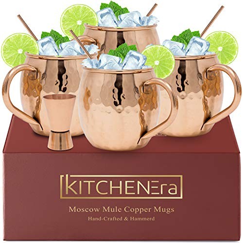 Moscow Mule Copper Mugs - 100% Copper HandCrafted Hammered Moscow Mule Copper Mugs Set of 4 - FREE Jigger - FREE Copper Straws