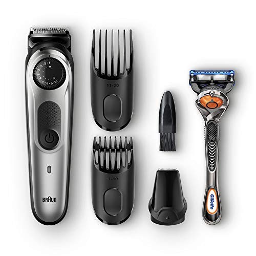 Braun Beard Trimmer & Hair Clipper, Detail Trimmer Attachment + 2 Combs + Fusion ProGlide Razor Included, BeardTrimmer BT5060, Cordless, Black/Silver
