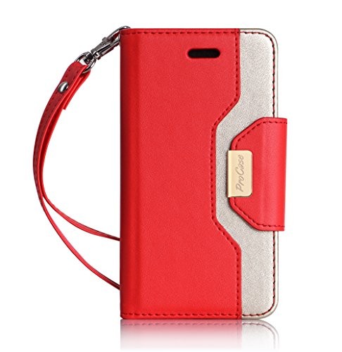 ProCase iPhone SE / 5S Case Cover, Wallet Flip Case, with Wristlet Strap, Build-in Card Slots and Mirror, Stylish Slim Stand Cover for Apple iPhone SE / 5S (Red)