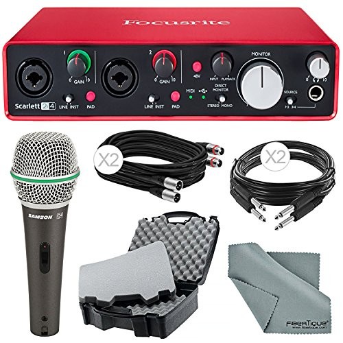 Focusrite Scarlett 2i4 USB Audio Interface (2nd Generation) and Deluxe Accessory Bundle with Protective Case + Dynamic Microphone + Cables + More